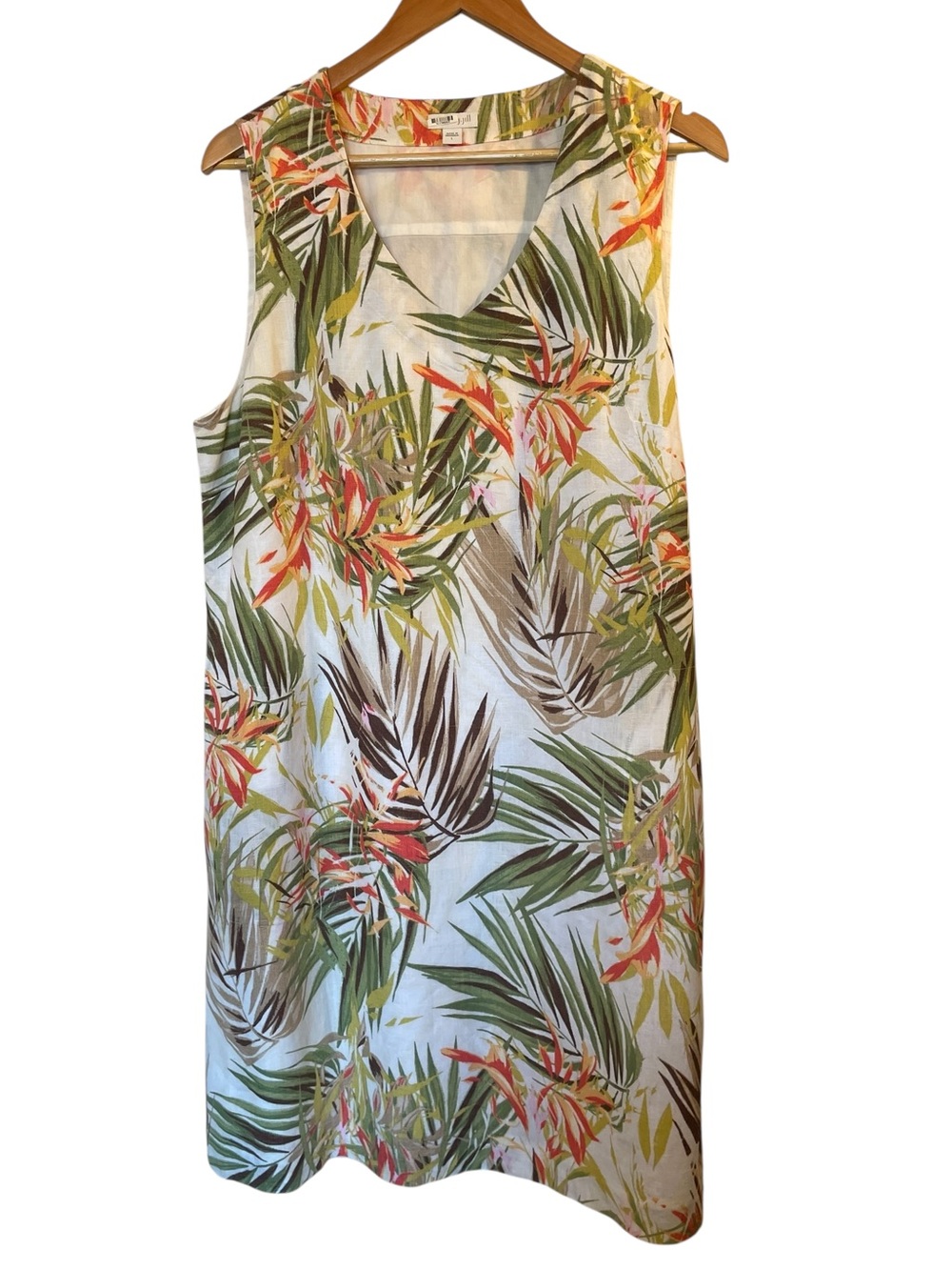 J. JILL White/Green Tropical Print Linen Sleeveless V-Neck Shift Dress - Large